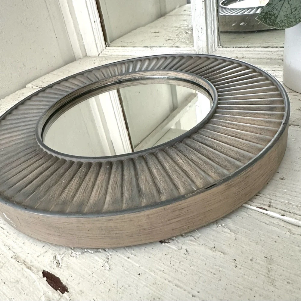 Gray Sunburst Starburst Round Circle Wall Hanging Mirror Lightweight 10” Boho
